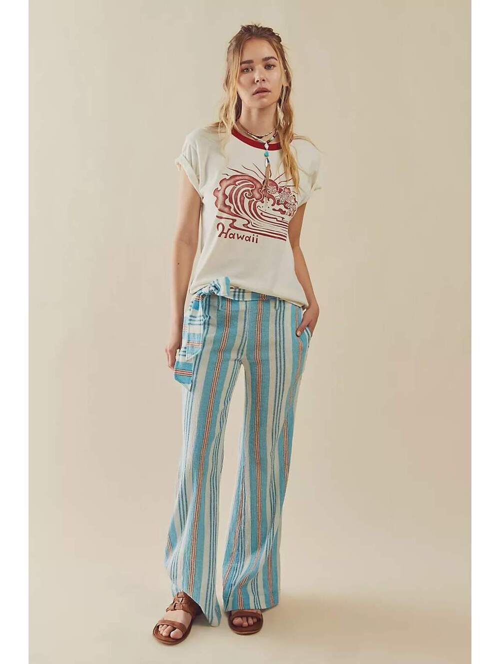 Free People Sungaze Tie Pants Striped Printed Pull-On Belt Smocked NEW